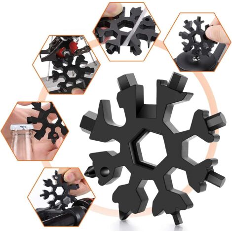 Outil Flocon Neige Outil multifonction en acier inoxydable 18-en-1, pour Les Voyages Quotidiens Camping Adventure multifonction portatif Mini Tools Cadeau Noel (noir)