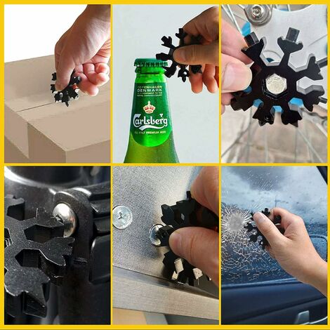 Outil Flocon Neige Outil multifonction en acier inoxydable 18-en-1, pour Les Voyages Quotidiens Camping Adventure multifonction portatif Mini Tools Cadeau Noel (noir)