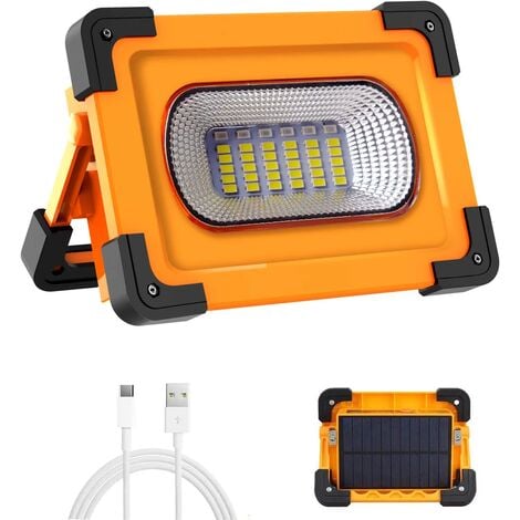Projecteur LED Rechargeable, 60W 4 Modes Projecteur LED Chantier, 3000 Lumens Lampe de Travail Portable avec Batterie Rechargeable & Panneau Solaire, Lumière d'Urgence, pour Camping, Bricolage