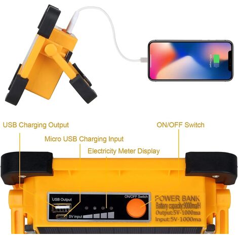 Projecteur LED Rechargeable, 60W 4 Modes Projecteur LED Chantier, 3000 Lumens Lampe de Travail Portable avec Batterie Rechargeable & Panneau Solaire, Lumière d'Urgence, pour Camping, Bricolage
