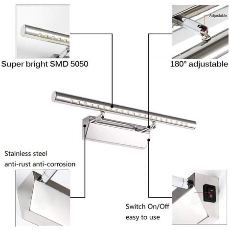 Lampe Salle de Bain Mirroir LED 5W Applique Murale Lumière Tableau Étanche IP44 Réglable 180°avec Interrupteur en Acier Inoxydable Éclairage Décoration Meuble WC Toilette Maquillage 40cm，6000k