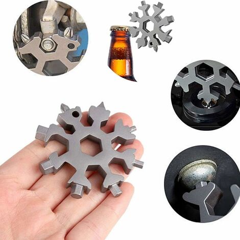 Outil Flocon Neige Outil multifonction en acier inoxydable 18-en-1, pour Les Voyages Quotidiens Camping Adventure multifonction portatif Mini Tools Cadeau Noel (argent)