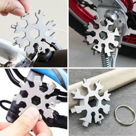 Outil Flocon Neige Outil multifonction en acier inoxydable 18-en-1, pour Les Voyages Quotidiens Camping Adventure multifonction portatif Mini Tools Cadeau Noel (argent)