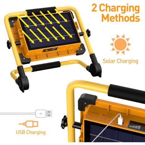 Projecteur Chantier LED Rechargeable Solaire 100W, 120 LED Lampe de Travail, 12000mAH Batterie Étanche USB Banque d'alimentation pour Réparation de Voiture, Garage, Camping