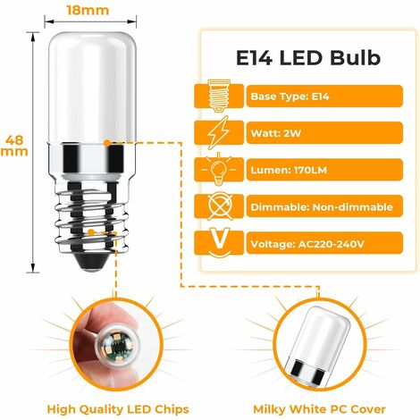 Ampoule LED Réfrigérateur E14, 2W équivalent à 20W Halogène Ampoules, Blanc Chaud 2700K, 170LM, Petit culot à vis E14 lampe LED pour Frigo, Lampe de Sel, Machine a Coudre, Lot de 2