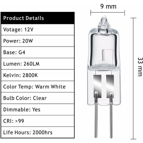 Ampoules Halogènes G4, Lampe de Base à Broche Halogène G4 12V 20W, 2800K Blanc Chaud Gradable G4 Lampe à Capsule Transparente Lot de 10 [Classe énergétique C]