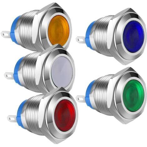 5pcs 12V-24VDC 16mm LED Voyant Lumineux en Acier Inoxydable Voyant Imperméable à Eau