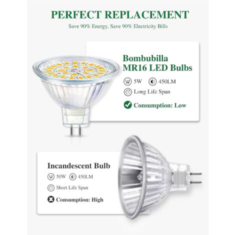 Ampoule LED GU5.3, MR16 LED 12V 5W Equivalent à 50W Lampe Halogène Blanc Chaud 3000K, Ampoules LED Spot Non Dimmable, Lot de 10