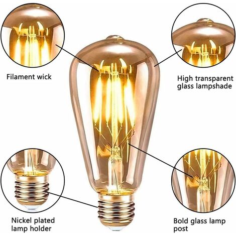 Ampoule E27 Vintage, 6 Pièces, LED E27 ST64 Lampe Décorative Rétro Edison Vintage Antique 4W Filament Blanc Chaud pour Restaurant Café Bar Ampoules à Incandescence