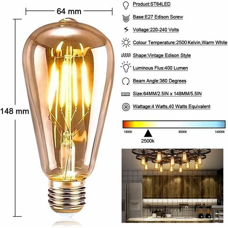 Ampoule E27 Vintage, 6 Pièces, LED E27 ST64 Lampe Décorative Rétro Edison Vintage Antique 4W Filament Blanc Chaud pour Restaurant Café Bar Ampoules à Incandescence