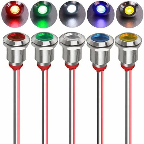 5pcs 12mm 12/24VDC LED Métal Indicateur - Lumière éTanche Signal Lampe Pilote Tableau de Bord Directionnel avec Fil