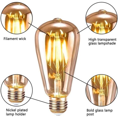 Ampoule E27 Vintage, 6 Pièces, LED E27 ST64 Lampe Décorative Rétro Edison Vintage Antique 4W Filament Blanc Chaud pour Restaurant Café Bar Ampoules à Incandescence