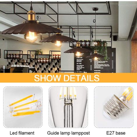 Ampoule E27 Vintage, 6 Pièces, LED E27 ST64 Lampe Décorative Rétro Edison Vintage Antique 4W Filament Blanc Chaud pour Restaurant Café Bar Ampoules à Incandescence