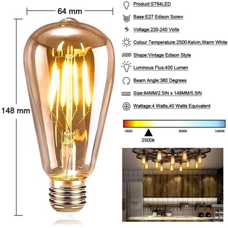 Ampoule E27 Vintage, 6 Pièces, LED E27 ST64 Lampe Décorative Rétro Edison Vintage Antique 4W Filament Blanc Chaud pour Restaurant Café Bar Ampoules à Incandescence