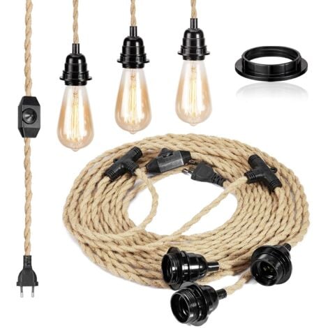 6.8M Câble électrique en lin 2 Conducteurs, avec E27 Douille et Interrupteur（Non dimmable）, pour DIY Lampe(sans ampoule)