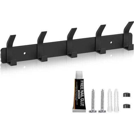 Porte-Manteau Mural 5 Crochets Eucomir - Adhésif Fort No Percage - Alliage Aluminium Noir - Pour Salle De Bain, Entrée