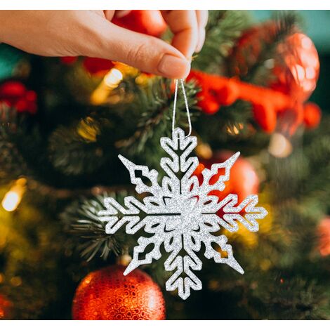 Décorations Noël - 12 Flocons De Neige Scintillants 10cm Avec Cordon Argenté