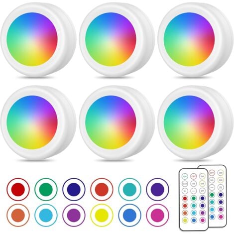Spot LED Sans Fil, Couleurs Lampe Placard avec Telecommande, Eclairage Batterie Armoire Lumiere Cuisine Sous Meuble, Veilleuse Réglable LED, Lot de 6