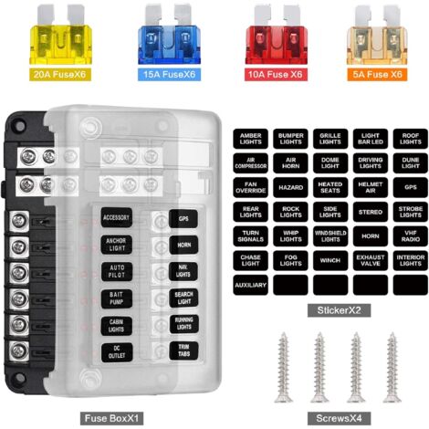 Boîte à Fusibles 12Voies KAOLALI 12V/24V - Avec LED, Couvercle Protecteur, Pour Voiture, Bateau