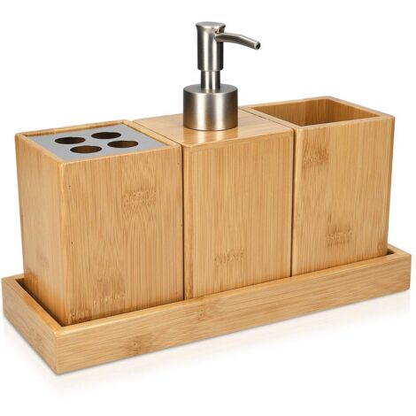 Set Salle De Bain 4 Pièces - Distributeur Savon, Porte-brosse à Dents, Rince-bouche, Plateau Savon - Bleu Foncé (PP & Bambou)
