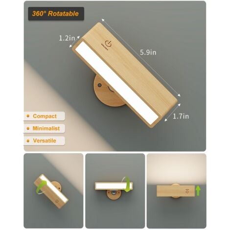 Lot de 2 Applique Murale Intérieure Bois,Lampe Murale Sans Fil Rechargeable USB,Réglage de La Luminosité Applique Murale Sans Fil Chambre,Lampe de Chevet Murale Tactile,lampe sans fil