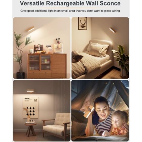 Lot de 2 Applique Murale Intérieure Bois,Lampe Murale Sans Fil Rechargeable USB,Réglage de La Luminosité Applique Murale Sans Fil Chambre,Lampe de Chevet Murale Tactile,lampe sans fil