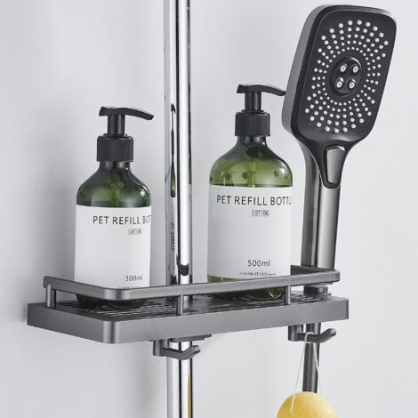 LYEAA Étagère multifonction pour barre de douche sans trou - Design creux réglable avec crochets - Étagère de rangement pour salle de bain - Trou rond noir