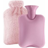 Bouillotte 1 Litre Avec Housse Peluche Rose - Compresse Chaude/froide 2 En 1, Bouchon Sécurisé, Lavable, Pour Douleurs Et Confort