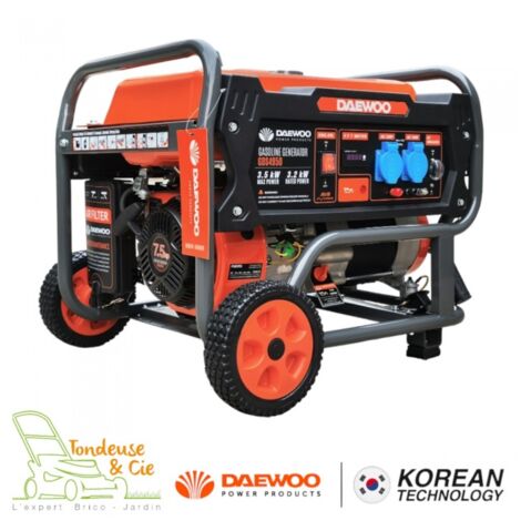 Daewoo – Groupe électrogène essence 3500W – Régulateur AVR 230V – Moteur 4 temps 7,5 CV – Autonomie 8-10h – Portable avec roues
