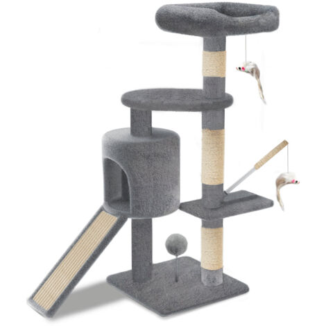 VOUNOT Albero Tiragraffi per Gatti Multi-Livello, con Casetta Cuccia in Peluche Sisal Naturale, 112cm, Grigio (1/5)