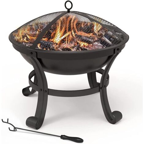 VOUNOT Braciere da Esterno Ø 55 cm con Copertura Protettiva, Braciere da Giardino incl Attizzatoio, Nero, per Campeggio Riscaldamento Terrazza