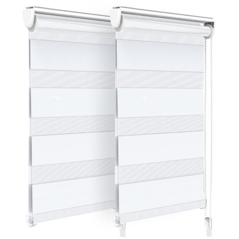 VOUNOT Set di 2 Tenda a Rullo Doppia Strato Oscurante Giorno e Notte, Catenella Laterale, Tenda Interno Zebra Blinds Bianco, 45 x 150 cm