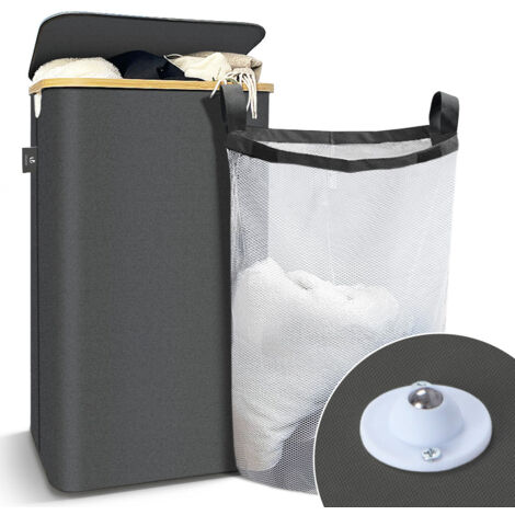 VOUNOT Cesto Portabiancheria 100L, Cesta Biancheria Sporco con Coperchio e Manici in Bambù, Grigio