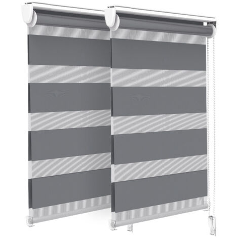 VOUNOT Set di 2 Tenda a Rullo Doppia Strato Oscurante Giorno e Notte, Catenella Laterale, Tenda Interno Zebra Blinds Grigio, 50 x 150 cm