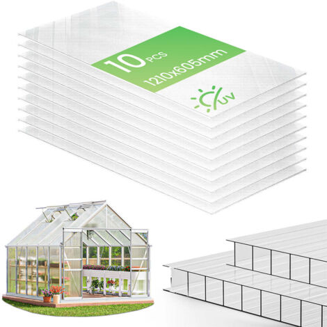 VOUNOT® 10 Lastre Alveolari in Policarbonato 6mm, 60,5x121cm, 7,32 m², Trasparente, Resistenti ai Raggi UV, Pannelli Alveolari a Doppia per Serra, Giardino
