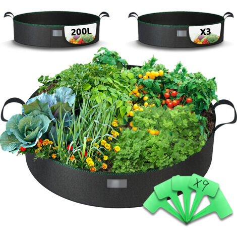 VOUNOT 3 Piezas Bolsas de Cultivo Huerto Urbano 200L, Maceta de Tela no Tejida con Asas y Etiquetas de Plantas, Negro