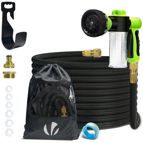 VOUNOT Manguera Extensible 15m, Mangueras Flexible Jardín, 8 Funciones de Aerosol con Dispensador Jabón y Accesorios, Negro