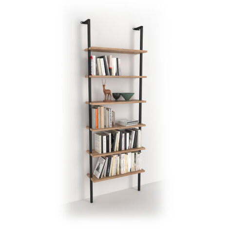 Estantería escalera de pared de estilo industrial con 6 estantes melamina roble Safir y estructura metálica pintado negro. (Alto 180 cm/Ancho 60 cm/Fondo 20 cm)