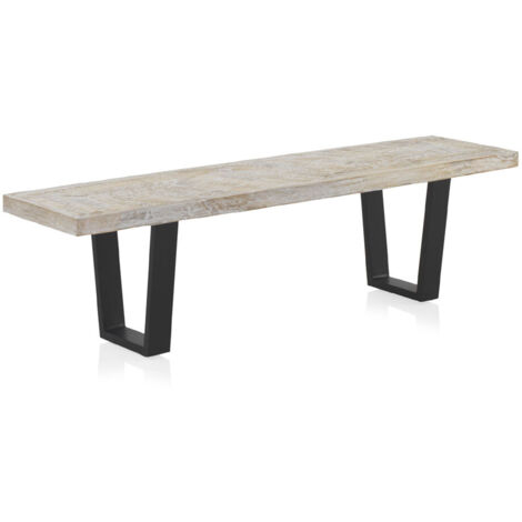 Banco De Madera De Mango En Color Blanco Patinado, Patas Met┴Licas