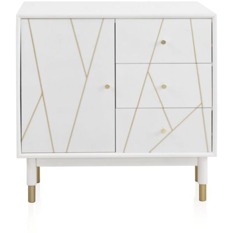 Cómoda De 3 Cajones Y 1 Puerta Lacada En Blanco Con Frente Decorado En Oro (1/4)