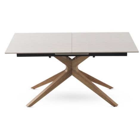 Mesa comedor extensible 160/200x90 pie madera de roble con sobre ceramico marmol travertino (1/4)