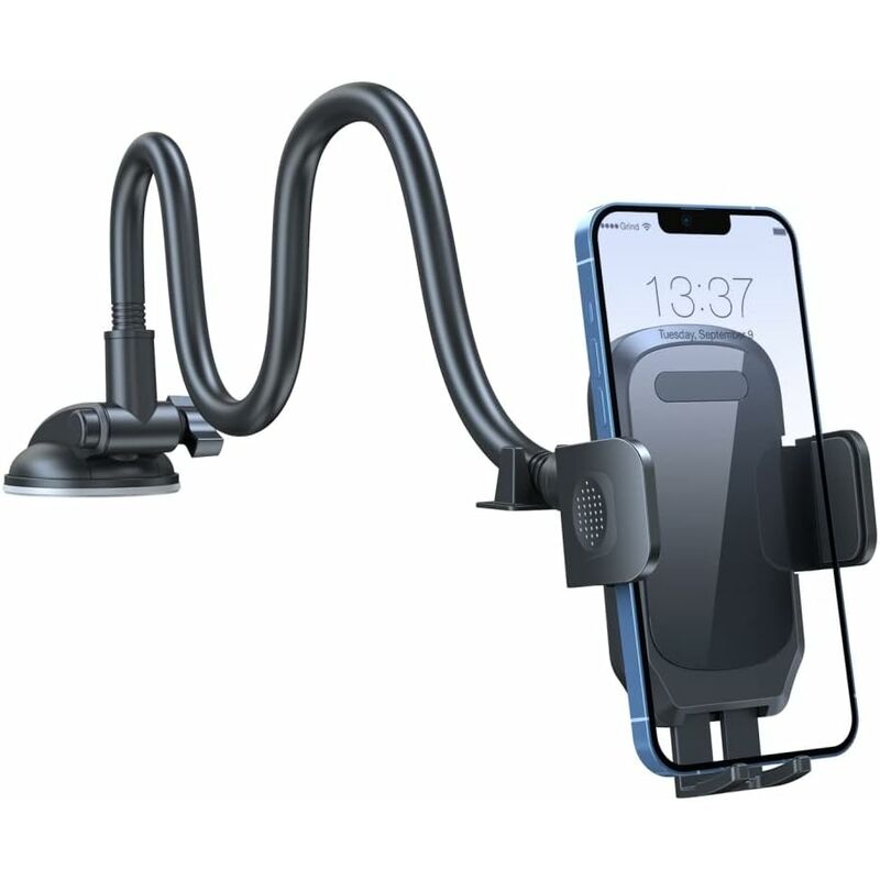 Support Telephone Voiture Ventouse sans Colle, Porte Telephone Voiture avec  Long Col de Cygne pour Pare-Brise, Rotation 360° Fixe Voiture Telephone,  Anti-Secousses Accroche Telephone Voiture