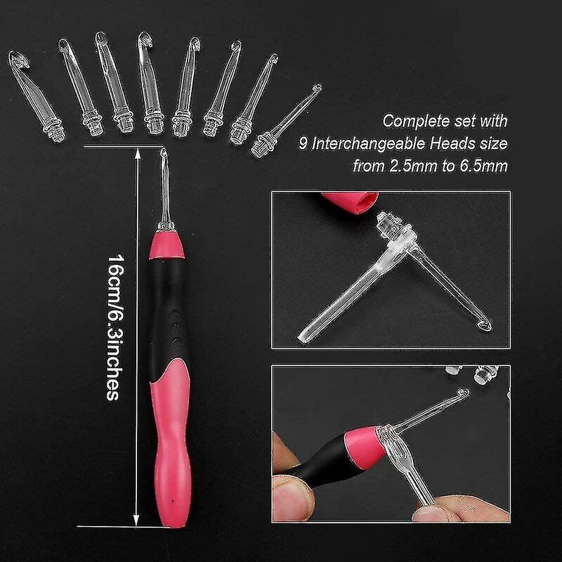 Compatible Lighted Crochet Hook Set,9 Size Interchangeable Heads 2.5mm To  6.5mm