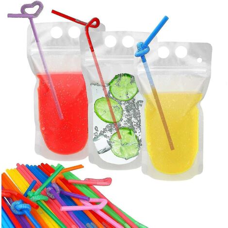 CREA 100 pochettes à boissons avec 100 trous de paille pochettes en plastique translucides refermables à fermeture éclair