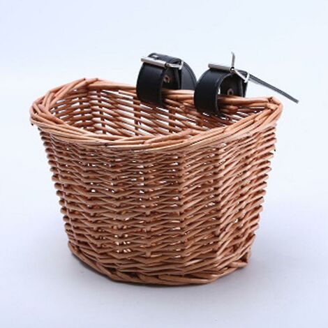 Panier Vélo Osier EIRONA - Forme D, Guidon Avant, Sangle Cuir Marron