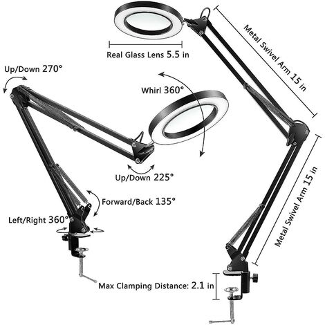 Lampe Loupe Avec Pince Et Bras Réglable - 5 Pouces, 1200 Lumens, 60 LEDs - Idéale Soudure, Lecture, Travaux Précision