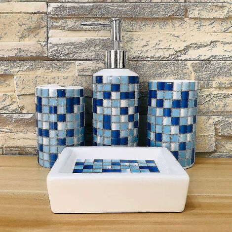 Ensemble de 4 Accessoires de Salle de Bain en Céramique - Design Moderne - Distributeur de Savon Porte-Brosse à Dents Gobelet (1/2)