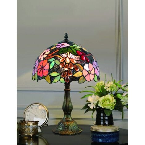 12 pouces vintage pastorale fleurs magnifiques vitrail style lampe de table lampe de chambre lampe de chevet [Classe énergétique A+]