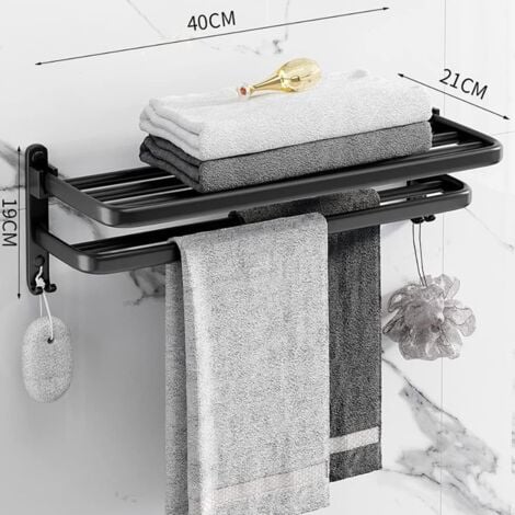 Sèche-serviettes mural salle de bain CREA aluminium, porte-serviettes pliable, support de rangement (40 cm)
