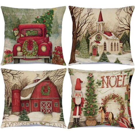 Taies d'oreiller Noël 45 x 45 cm lot de 4, Décorations de Noël - Housses de coussin Noël en lin, Taies d'oreiller personnalisées décoration Noël (1/5)